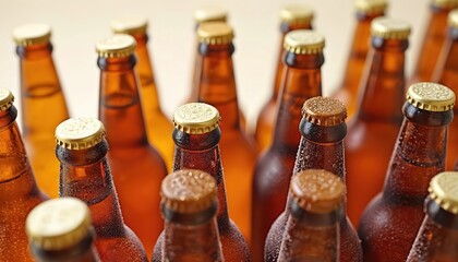 Amber glass beer bottles covered in condensation, presenting refreshing beverages. Frosty containers suggest cool, inviting drink perfect for parties, summer events, celebrations. Close-up view
