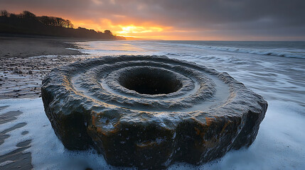 Sunrise over Coastal Stone Formation with Circular Depression