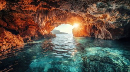 Sunlight streams into a vibrant sea cave.