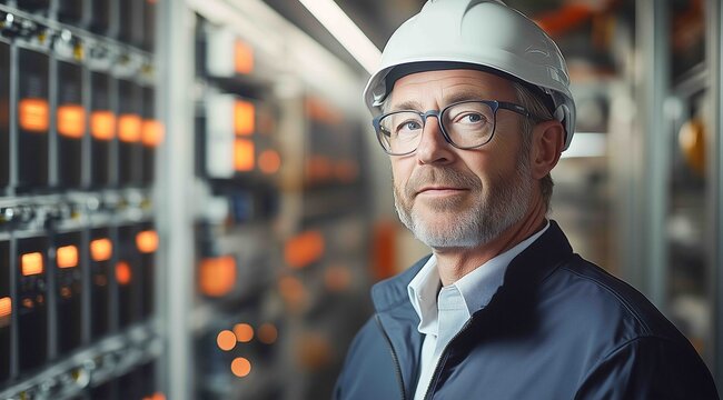 Professional engineer in hard hat stands confidently in data center with illuminated server racks in background