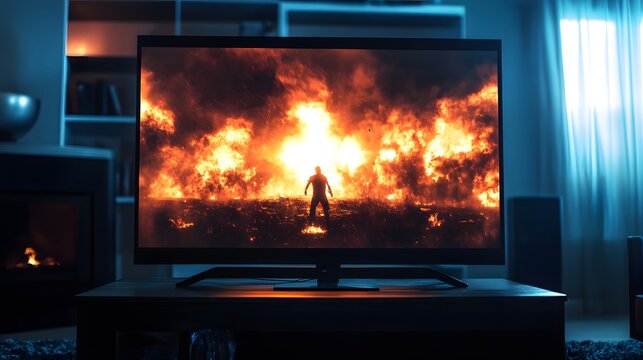 Modern television displaying intense action scene with flames and figure in living room setting view