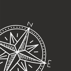 Minimalistic compass rose symbol with sketchy lines in a three-dimensional view — dark background for modern UI or travel apps
