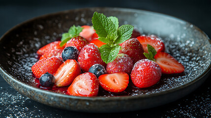Delicious Sugary Strawberries with Mint and Blueberries on a Dark Plate