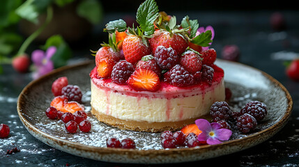 Delicious Strawberry and Raspberry Cheesecake with Fresh Berries