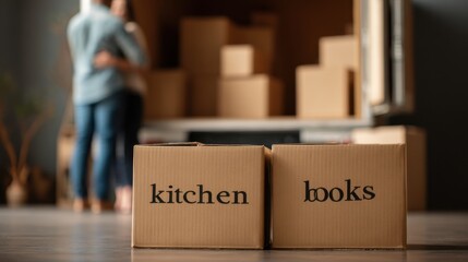 Couple embraces warmly while unpacking boxes in a new home during a sunny afternoon