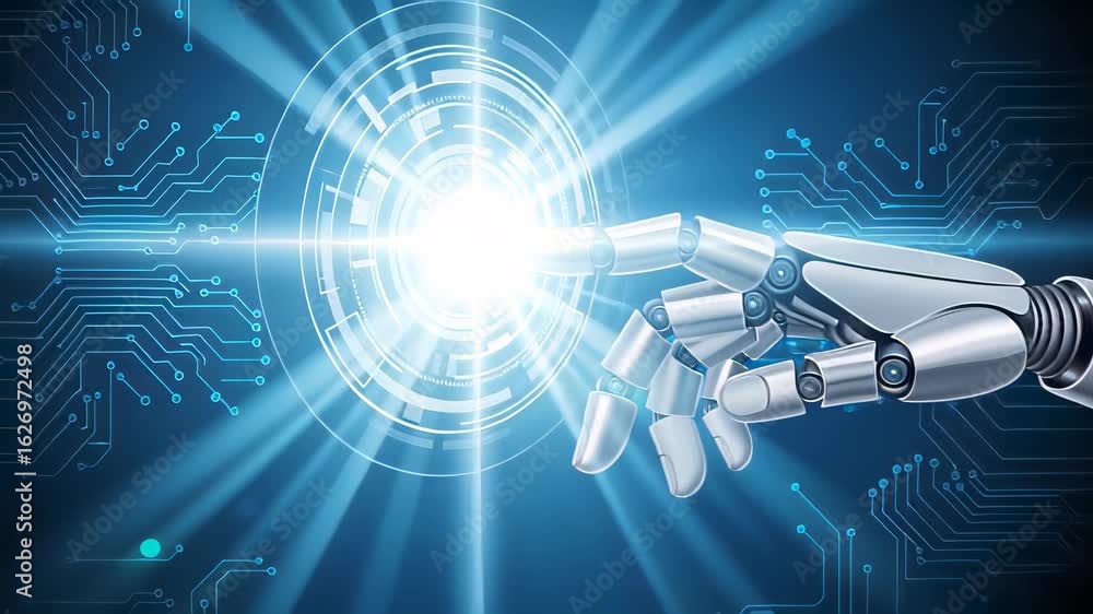 Poster robotic hand extends meticulously toward a glowing interface in a digital environment highlighting a