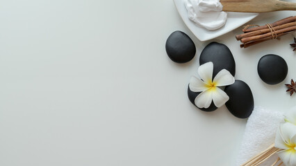 Spa Flat Lay with Frangipani and Aromatherapy Items