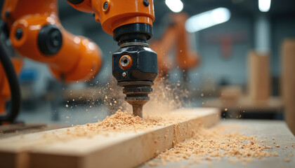 Robotic arm precisely cuts wood in modern carpentry shop. Smart machinery ensures efficiency and accuracy in advanced manufacturing. Automated process uses industrial tools for detailed craft.