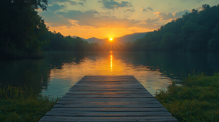Serene Sunset over Calm Lake with Wooden Dock