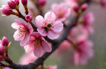 Obraz premium Macro shot of delicate pink crabapple flowers blooming in spring. A bee collects pollen from the center of a vibrant blossom. Tree branches with buds and flowers create a soft, blurred background.