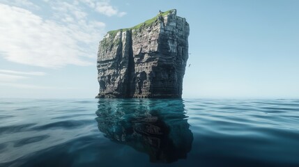 Solitary rocky islet rising from calm ocean waters.