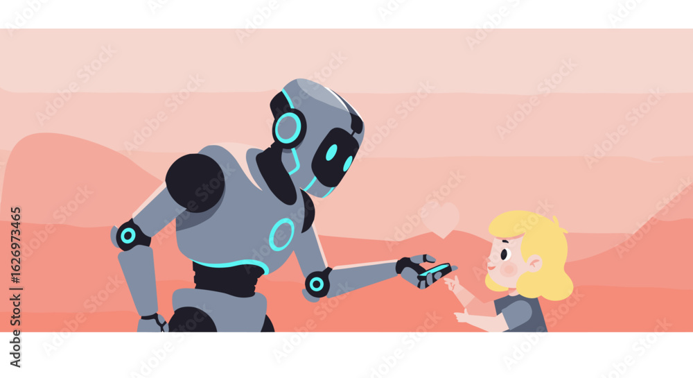 Poster interaction between humanoid robot and caucasian child in futuristic setting. vector illustration