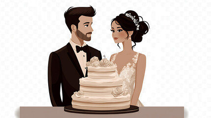 Elegant Couple with Wedding Cake Romantic Illustration