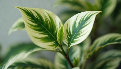 Obraz premium Close-up shot of variegated Ficus Benjamina plant leaves showing green, white patterns. Tropical plant features intricate veining on smooth, waxy foliage perfect for home decor botanical studies.