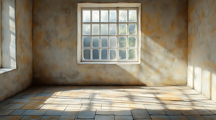 Sunlit Empty Room with Rustic Walls and Tile Floor