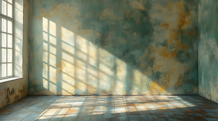 Sunlit Empty Room with Grunge Wall and Window Shadow