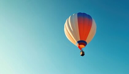 Fototapeta premium Colorful hot air balloon ascends in clear blue sky. Vibrant red, white, blue stripes. Wicker basket hangs below. Peaceful flight signifies adventure, freedom, travel, exploration, and summer vacation.