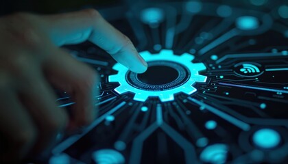 Close-up of hand interacting with illuminated digital interface, touching prominent gear icon symbolizing technology, automation. Futuristic cyberspace concept, information technology, AI integration.
