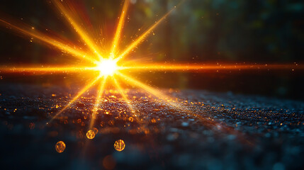 Radiant Sunrise over Dark Ground with Lens Flare and Water Droplets