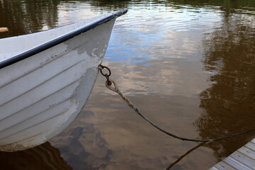 The front of a white motorboat. Nora, Bergslagen, Sweden.