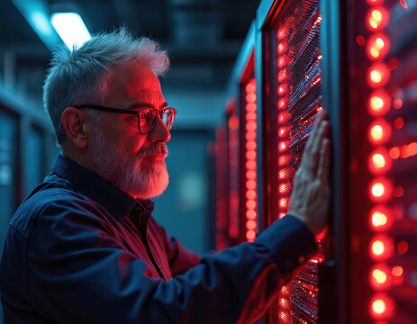 Senior specialist with beard, glasses inspects server racks in dimly lit data center. Focused man in blue shirt touches glowing red server lights. Experienced technician maintains complex computer