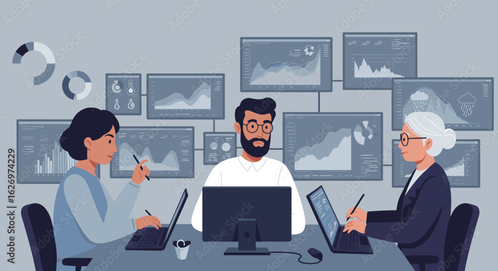 Poster diverse team analyzing data in modern office with multiple screens and graphs. vector illustration