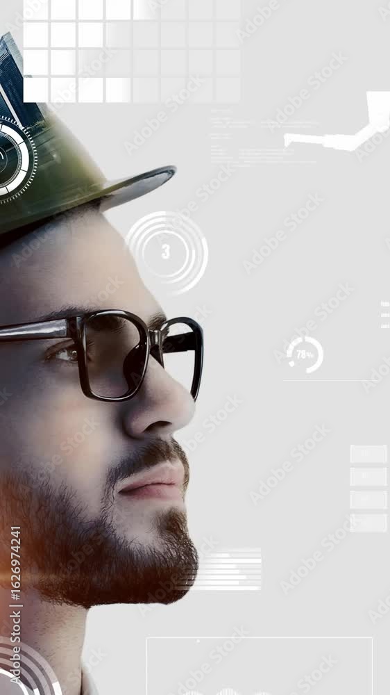 Poster future building construction and inventive engineering project concept with hud hologram graphic des