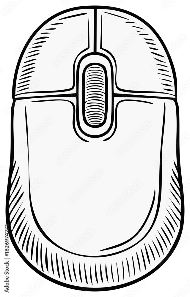 Poster hand drawn computer mouse icon with scroll wheel in a retro sketch style