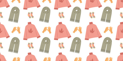 Seamless pattern of autumn apparel including sweaters, scarves, socks and gloves in flat style. Hand drawn vector illustration for posters, banners and social media posts