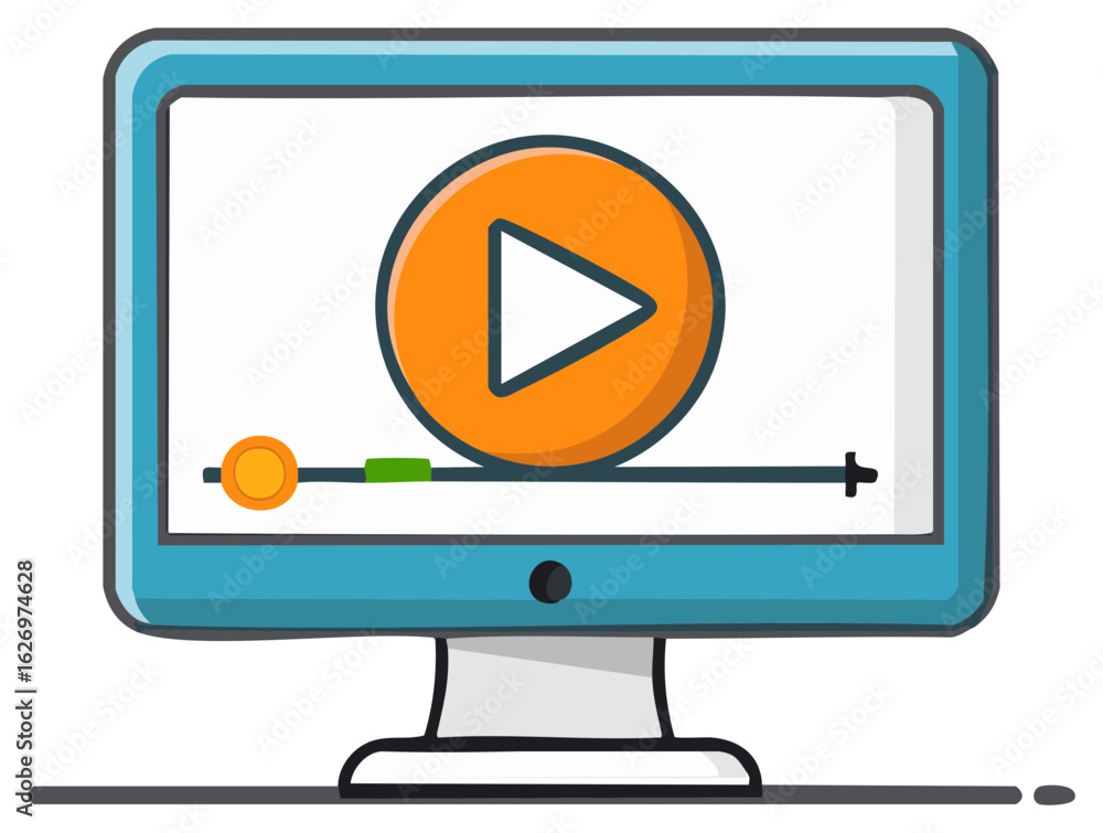 Poster computer monitor with play icon and media player interface