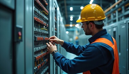 Electrician in safety helmet works with industrial circuit breakers, installing components for power distribution. Focus on wiring, maintenance, and electrical technology in large plant.