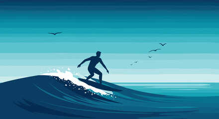 Silhouette of a male surfer riding ocean wave at sunset with birds in sky. Vector illustration