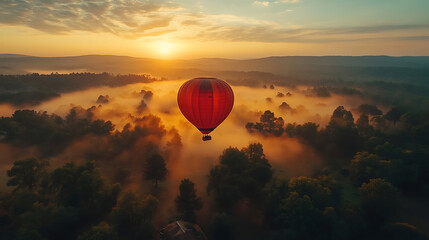 Hot Air Balloon Sunrise Over Misty Forest Landscape