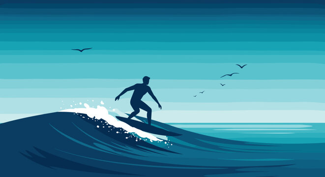 Silhouette of a male surfer riding ocean wave at sunset with birds in sky. Vector illustration - Powered by Adobe