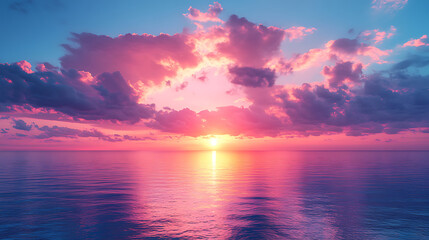 Serene Pink Sunset Over Calm Ocean Vibrant Colors and Peaceful Atmosphere