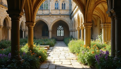 Fototapeta premium Gothic cloister courtyard with stone columns arches, rich garden blooming with purple, orange flowers. Sunlight illuminates paved walkway, creating peaceful ambiance. Architecture European heritage,