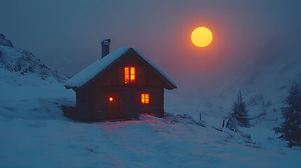 Cozy Cabin in the Snowy Mountains at Sunset