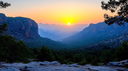 Majestic Sunset Over Serene Mountain Valley