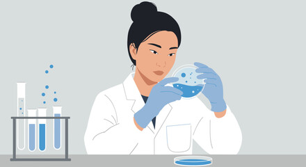 Asian female scientist analyzing sample in lab with petri dish and test tubes. Vector illustration