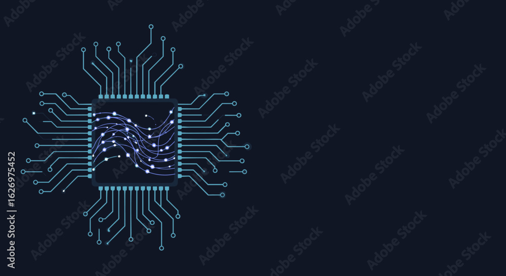 Poster circuit pattern microchip design with digital connections on dark background. vector illustration