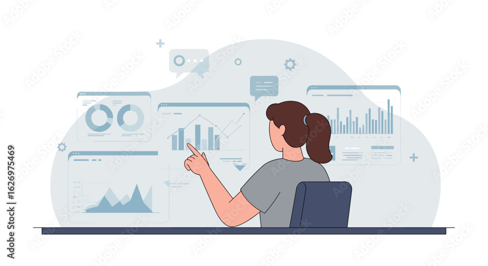 Poster young caucasian female analyzing data on interactive graphs and charts in office environment. vector
