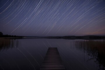 Obraz premium Captivating night sky star trails over tranquil lake with wooden pier reflecting celestial magic