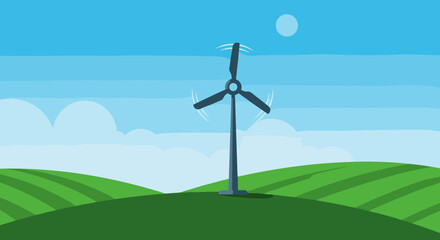 Obraz premium Wind turbine on green hills under blue sky and sun. Vector illustration