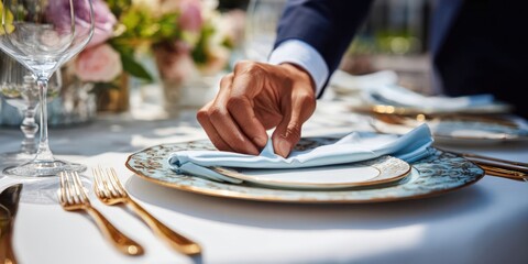 Elegant Waiter Preparing Fine Dining Table Setting in Luxury Restaurant