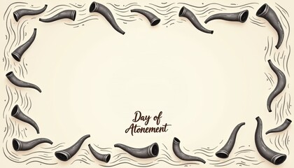 Flat vector greeting card featuring a decorative border of shofar horns with sound waves, honoring the Day of Atonement concept.