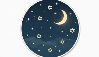 Fototapeta premium Flat vector sticker of a pale gold crescent moon glowing softly amid six-pointed stars in a deep twilight blue sky, tranquil night prayer concept.