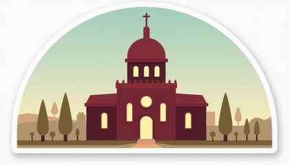Fototapeta premium Sticker with a simplified silhouette of a synagogue featuring a domed roof and arched windows, set against a muted teal sky with olive trees, spiritual reflection concept.