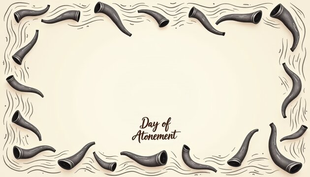 Flat vector greeting card featuring a decorative border of shofar horns with sound waves, honoring the Day of Atonement concept.