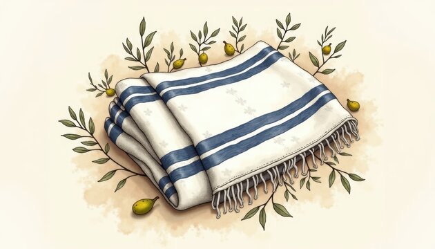 Freehand drawing of a tallit folded with navy stripes and tzitzit tassels, surrounded by fig leaves and olive twigs, warm tradition concept.