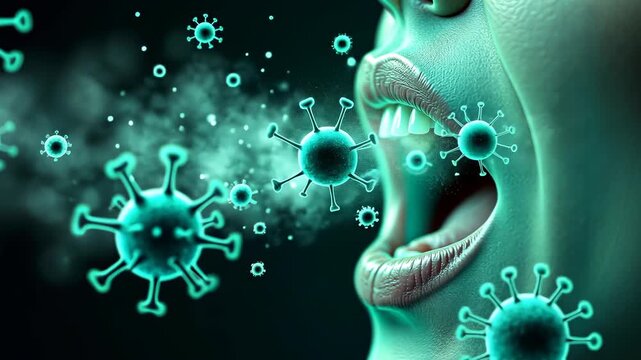Bad breath, oral hygiene, bacteria proliferation. Health risks. Germs spread through mouth exhale. Halitosis causes dental problems. Oral care prevents disease transmission.